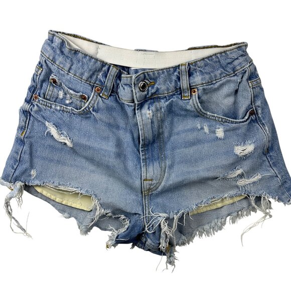 Zara Womens High-Waist Distressed Denim Shorts  Sz 6 Raw Hem Elastic Waistband - Picture 14 of 14